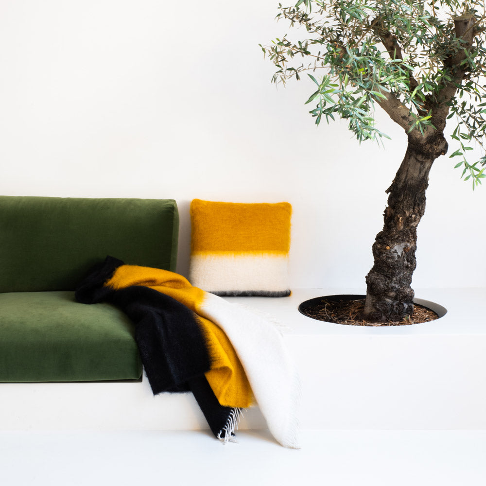 A living room with a green sofa next to a plant, featuring a pillow and a mohair blanket, both striped in yellow, black and white.