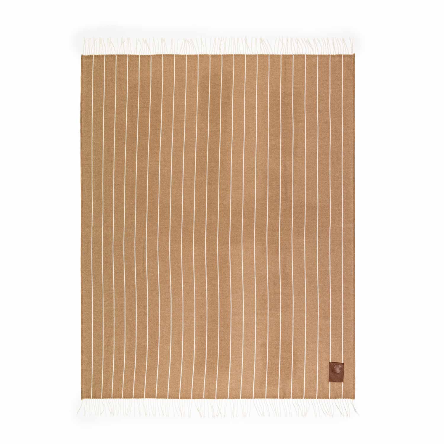 A brown and cream striped baby alpaca wool blanket with fringe detailing on the edges, displayed flat.