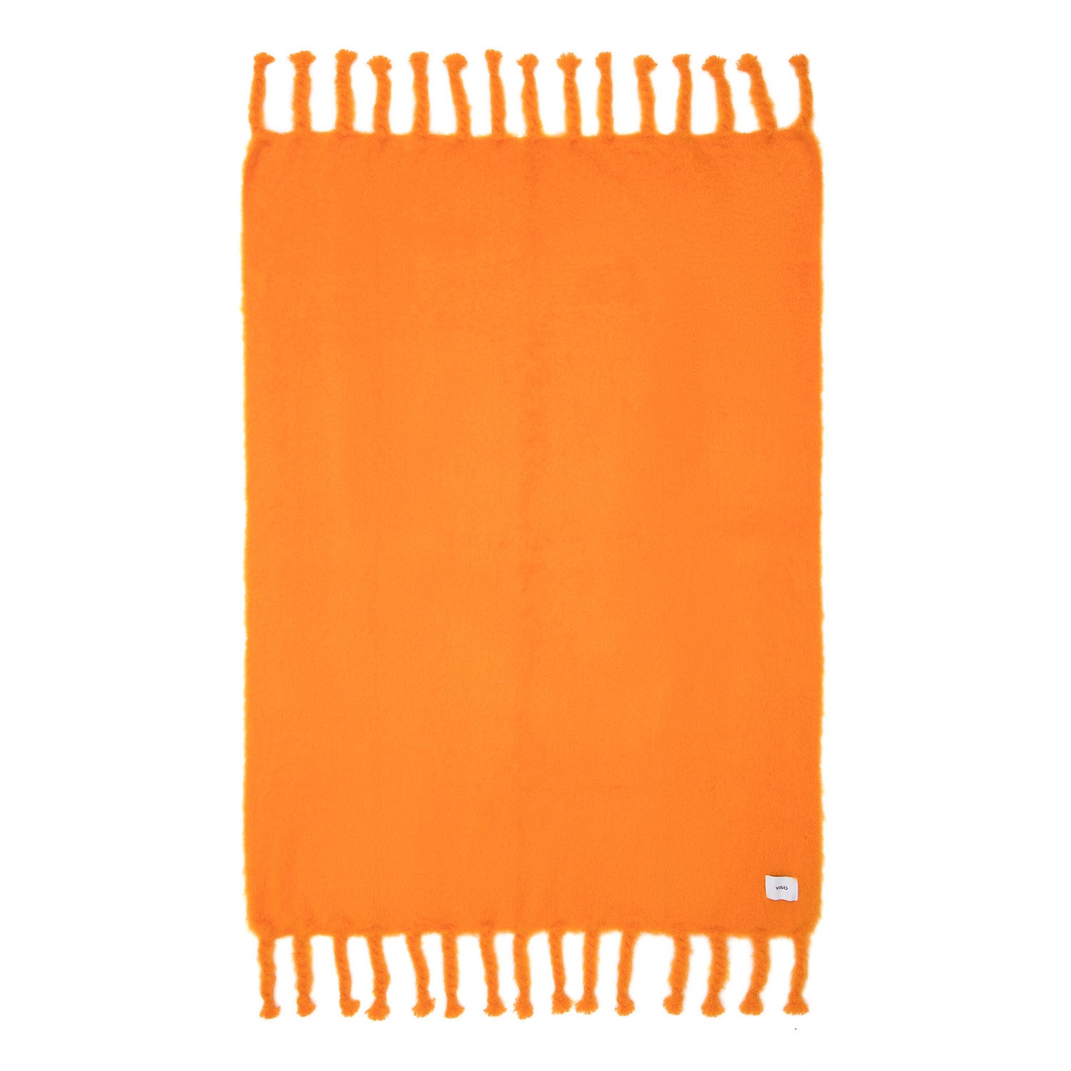 A bright orange mohair blanket with textured fringes displayed on a white background.