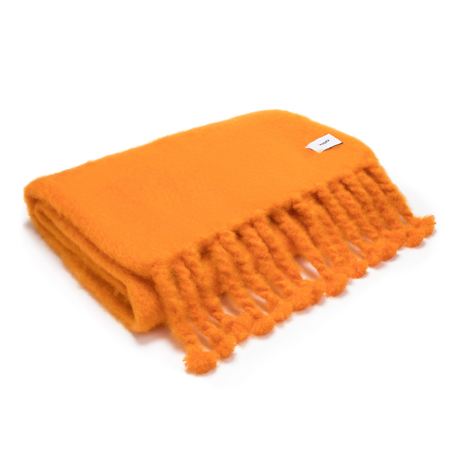A bright orange mohair blanket with textured fringes displayed on a white background.