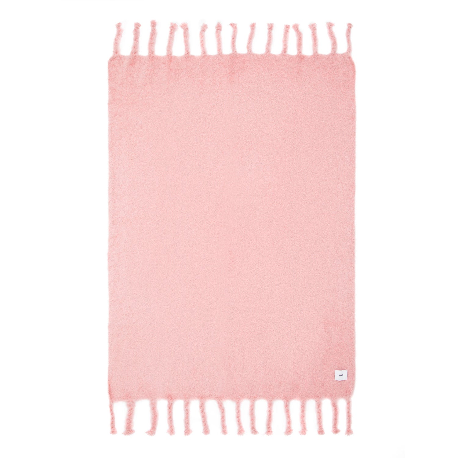 A pink mohair blanket with textured fringes displayed on a white background.