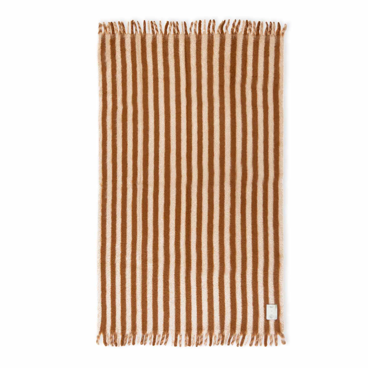 A flat mohair blanket with cream and brown stripes, featuring a thick fringe and a cream leather label.