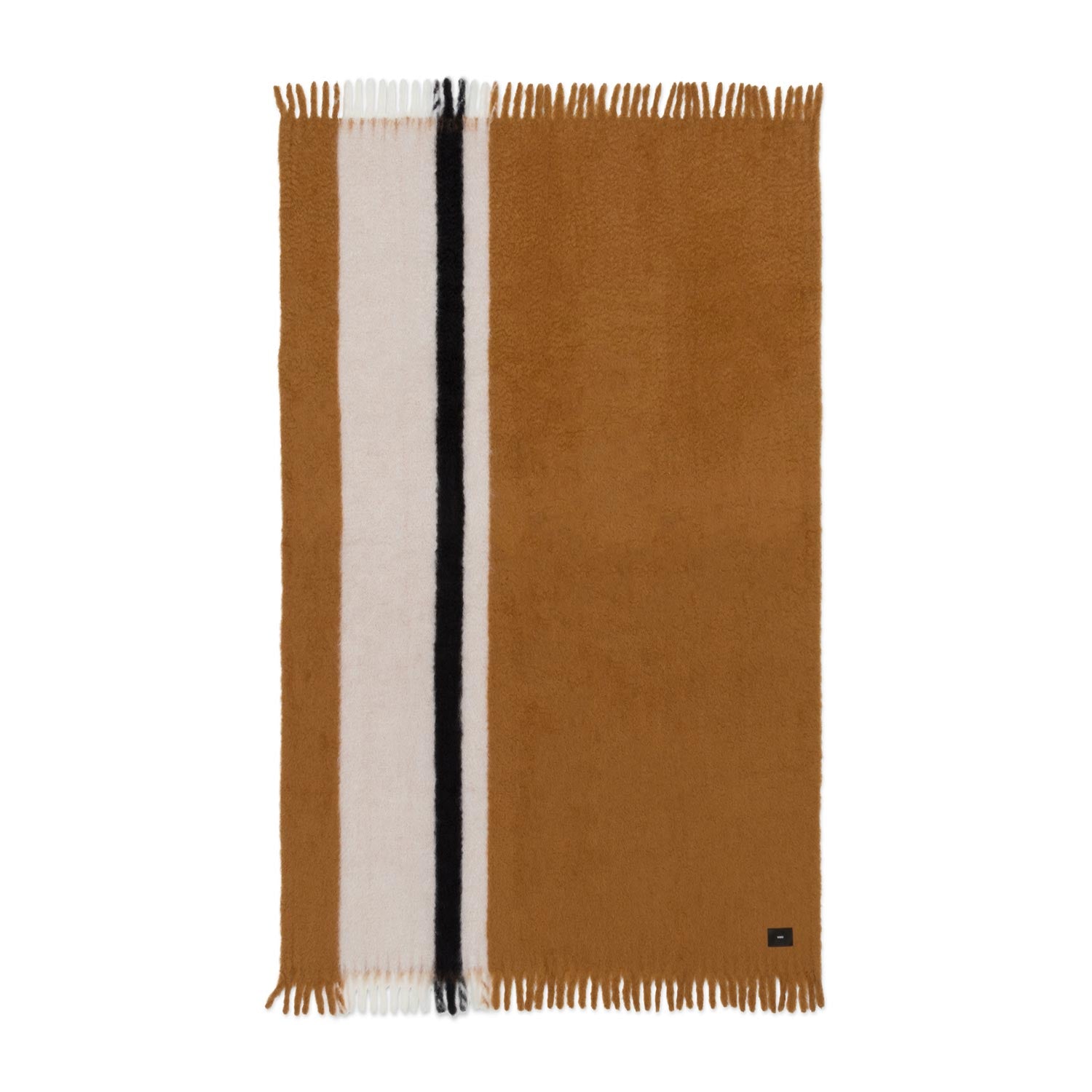 A flat mohair blanket with a camel brown base color, featuring elegant white and black stripes, with fringes at the bottom edge.