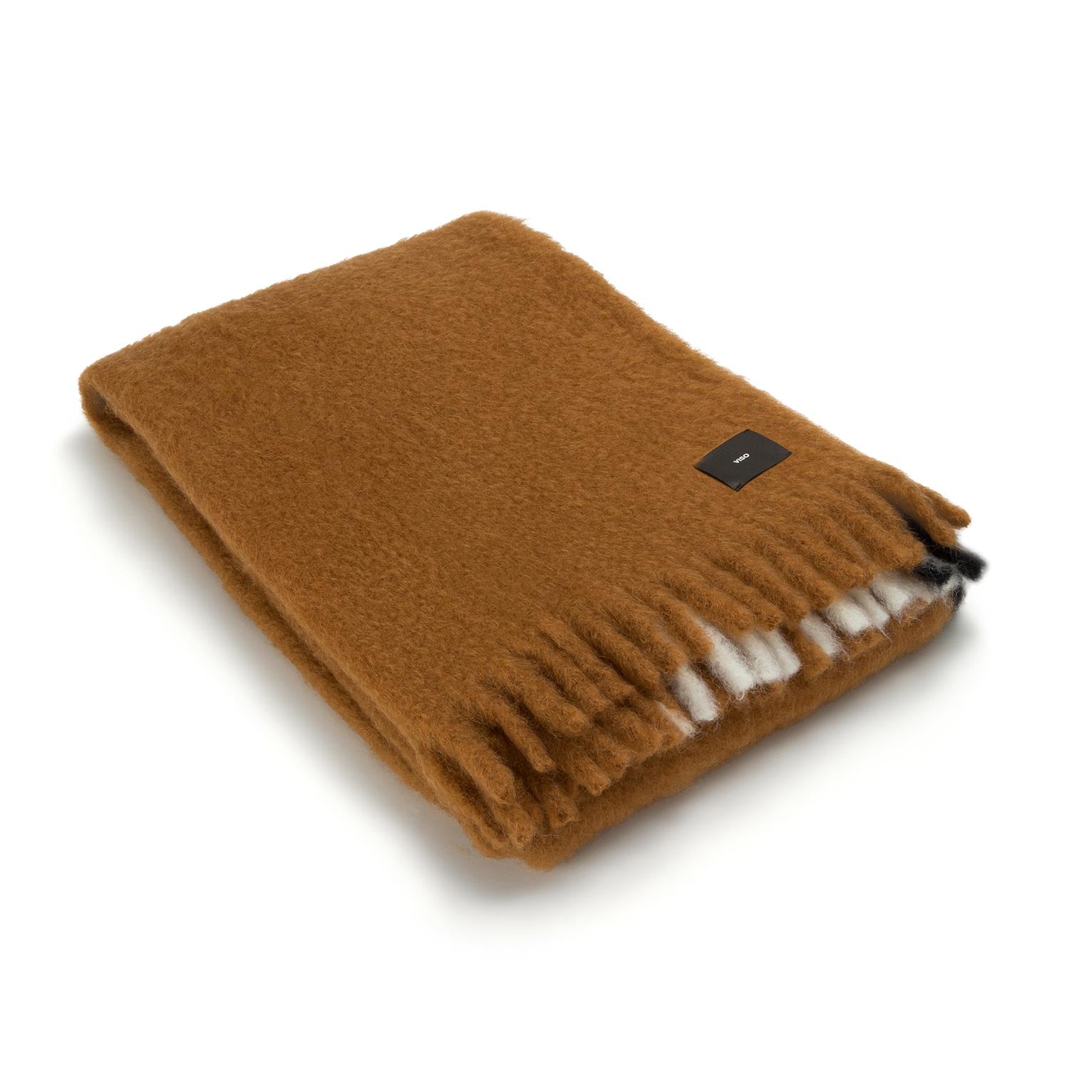 A folded mohair blanket with a camel brown base color, featuring elegant white and black stripes, with fringes at the bottom edge.