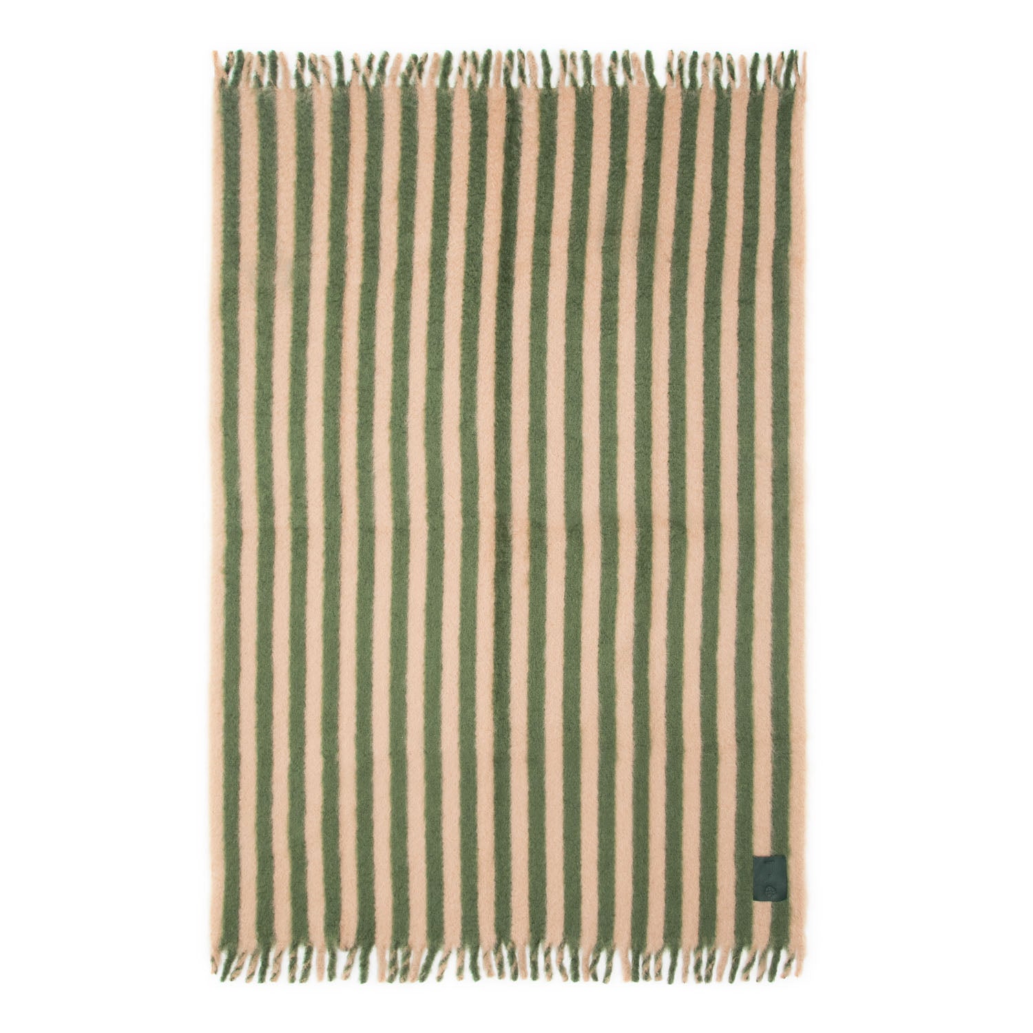 Flat mohair blanket with green and beige stripes, featuring a fringe and a green leather label on one corner.