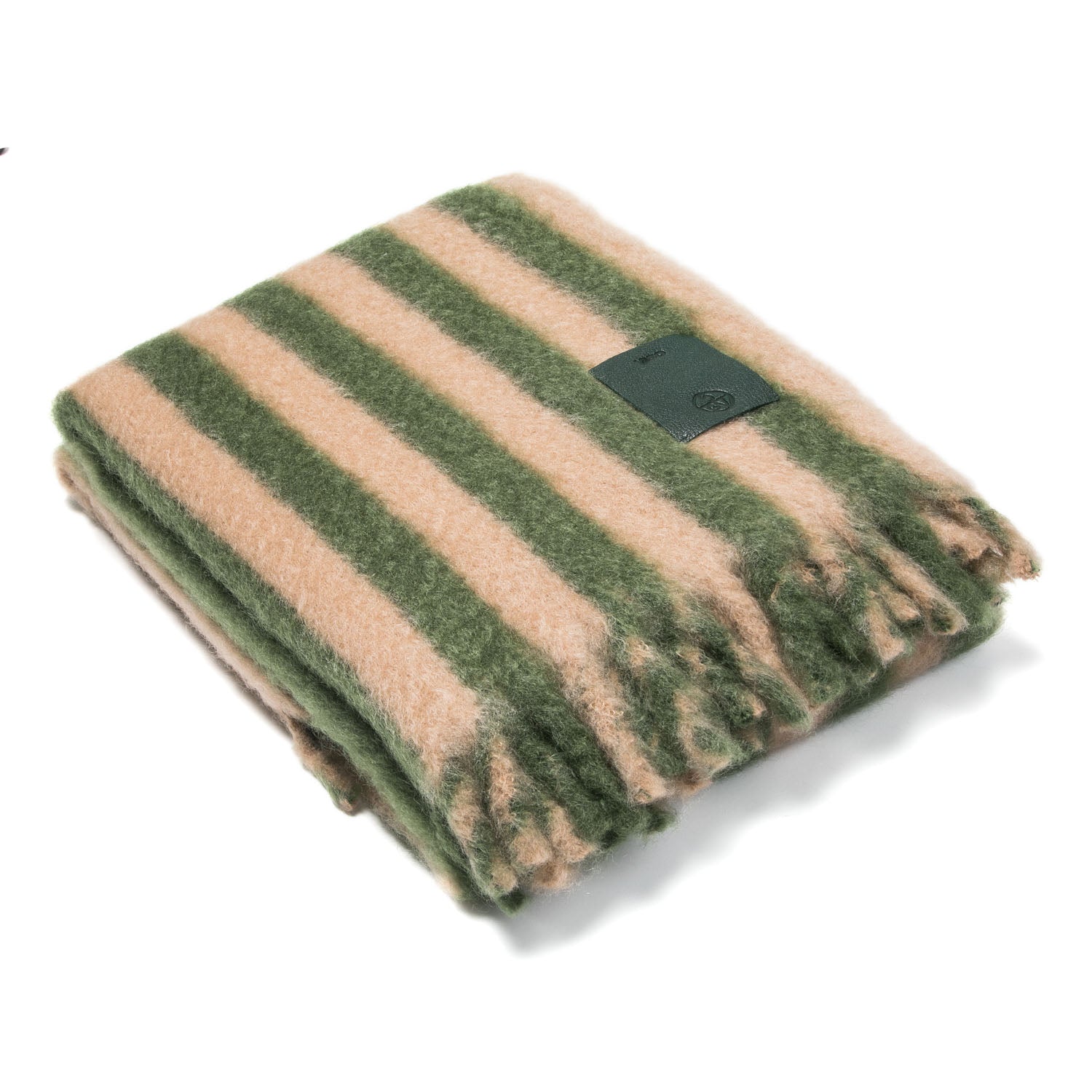 Folded mohair blanket with green and beige stripes, featuring a fringe and a green leather label on one corner.