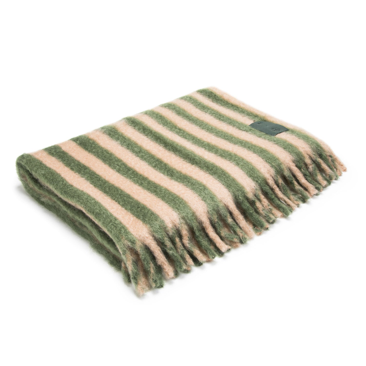 Folded mohair blanket with green and beige stripes, featuring a fringe and a green leather label on one corner.