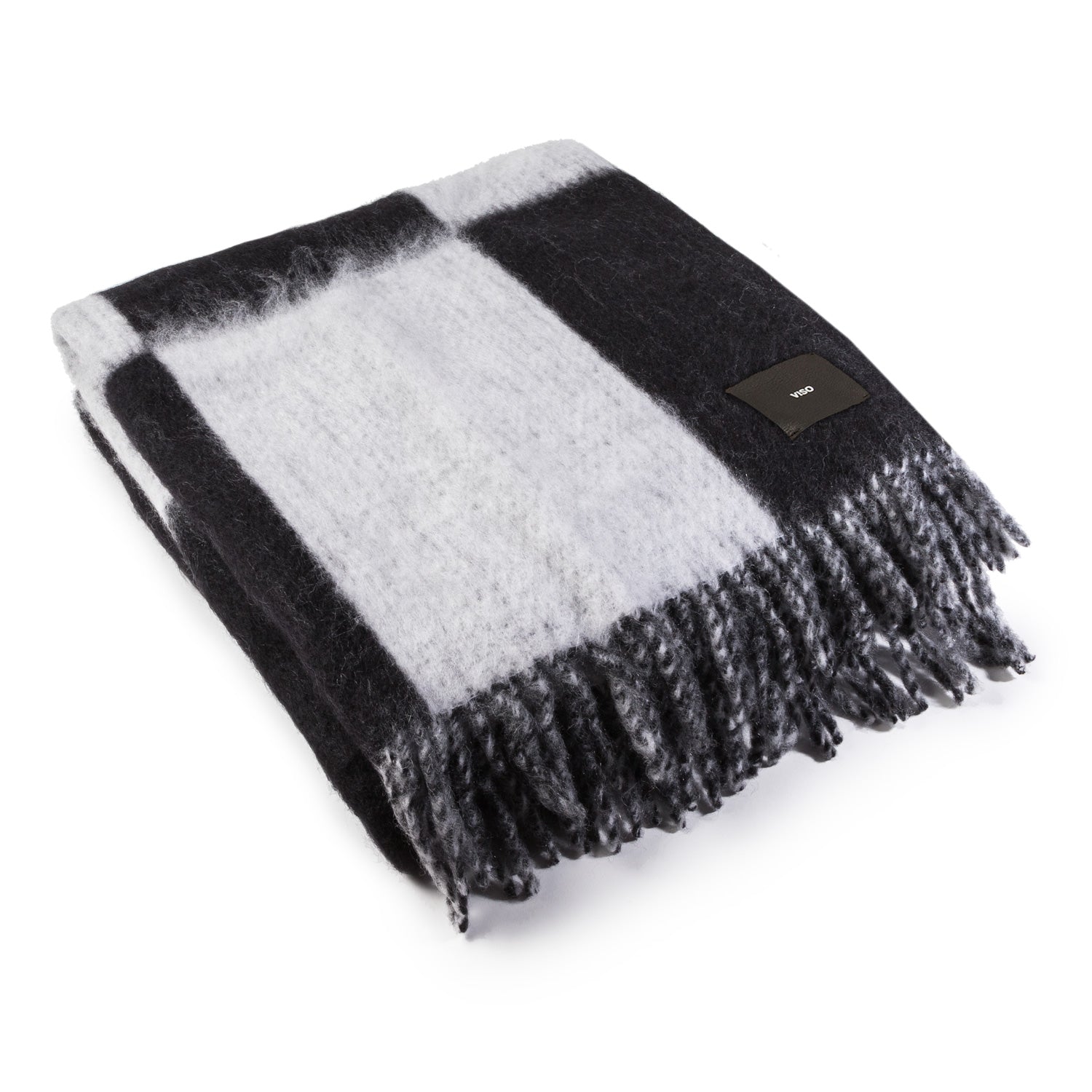A black and white checkered mohair blanket with fringes, displayed on a plain background.