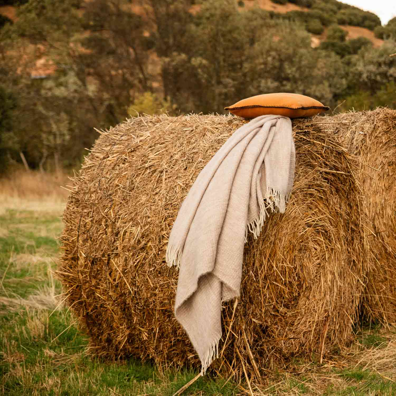 A mohair blanket and a merino pillow on a bale of straw in the countryside.