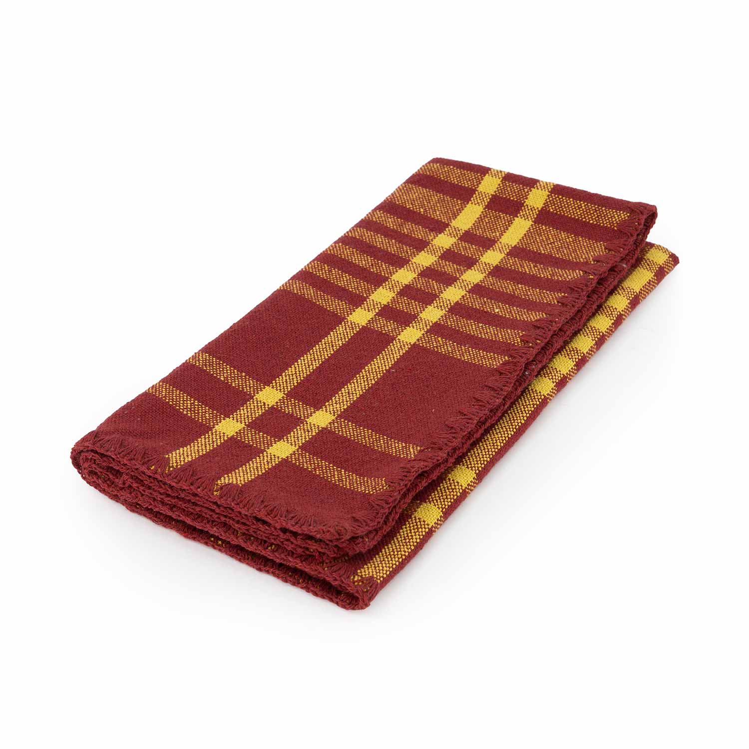 A folded red and yellow checkered cotton napkin.
