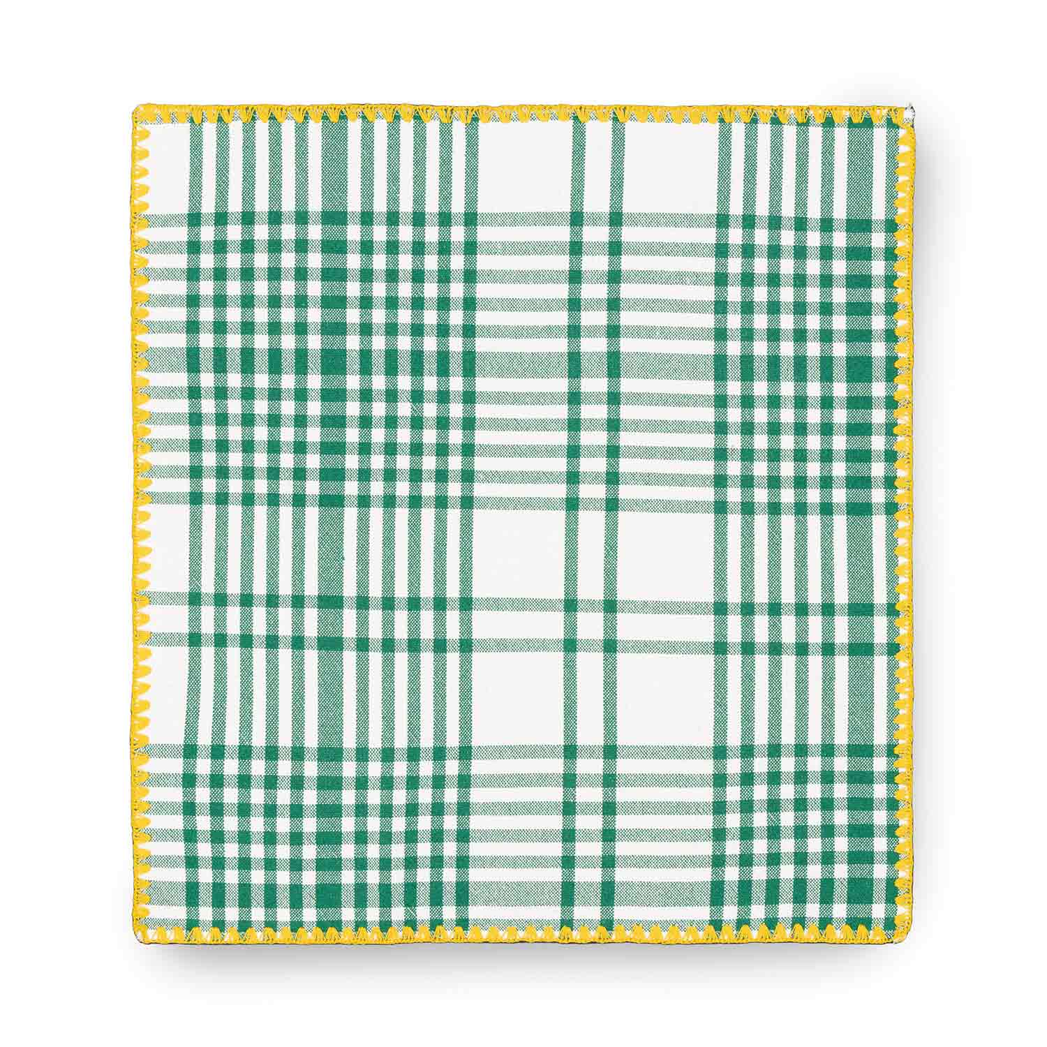 A flat cotton check jacquard napkin featuring a green and yellow plaid pattern with contrasting detail stitching.