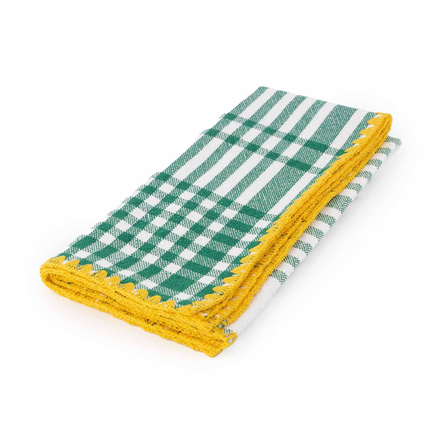 A folded green and yellow checkered cotton napkin with contrasting detail stitching.