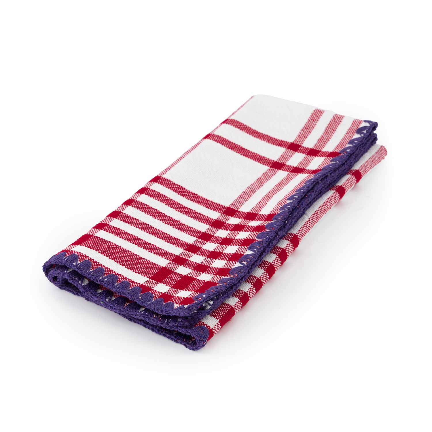 A folded cotton check jacquard napkin featuring a red and purple plaid pattern with contrasting detail stitching.