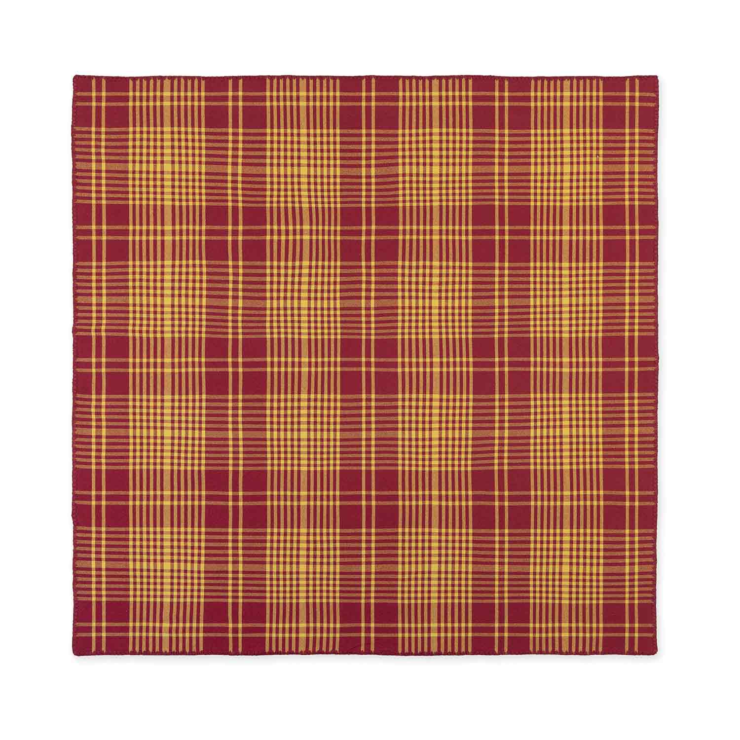 A flat red and purple checkered tablecloth with contrasting detail stitching and a purple border.