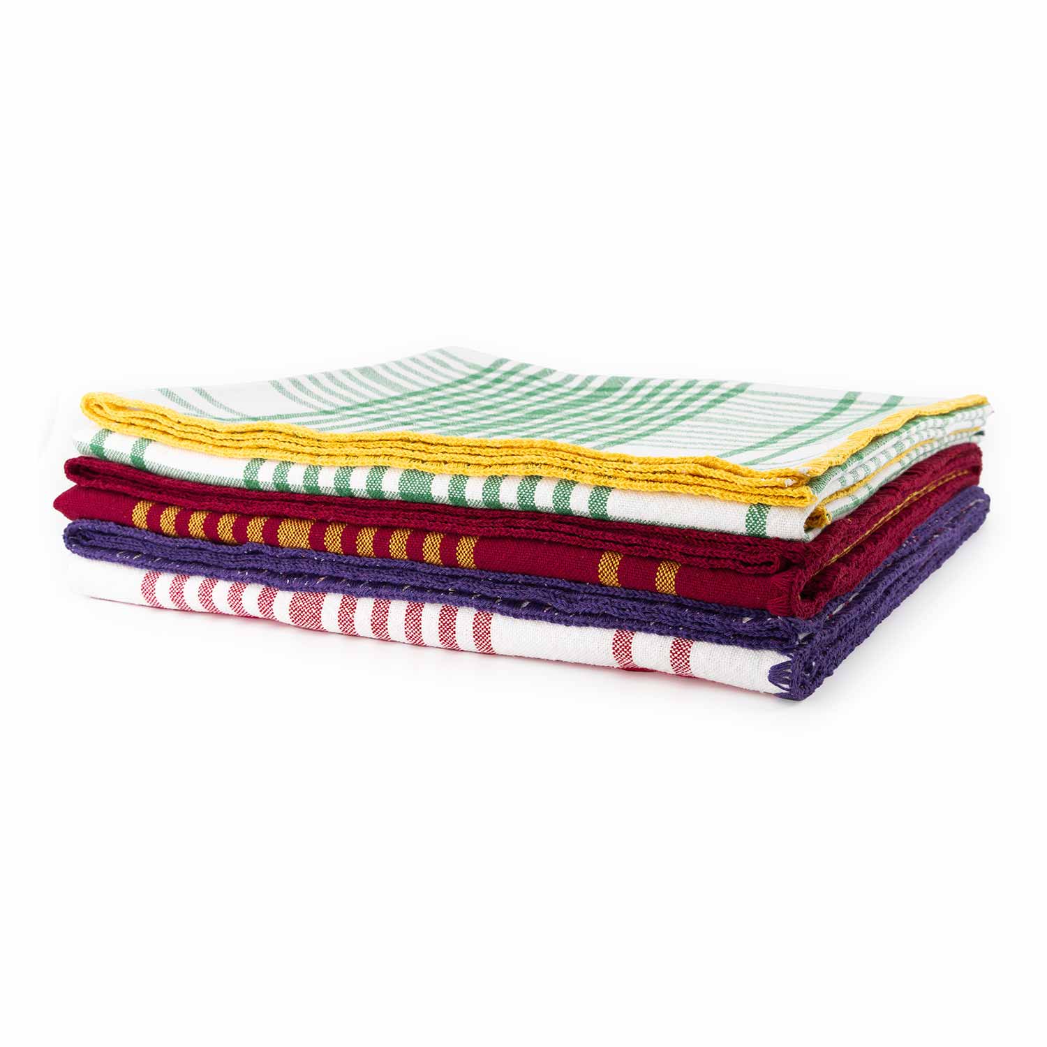 Three check jacquard tablecloth in different colors, folded and stacked.