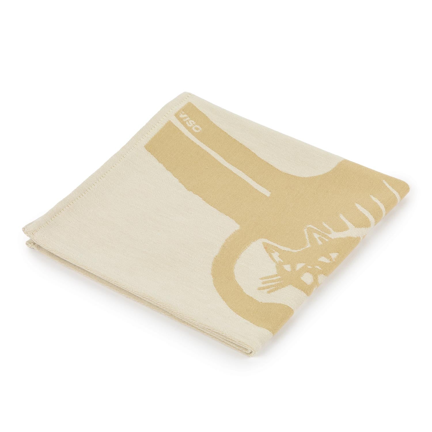 A beige cotton napkin with a graphic print of two stylized cats in the center.