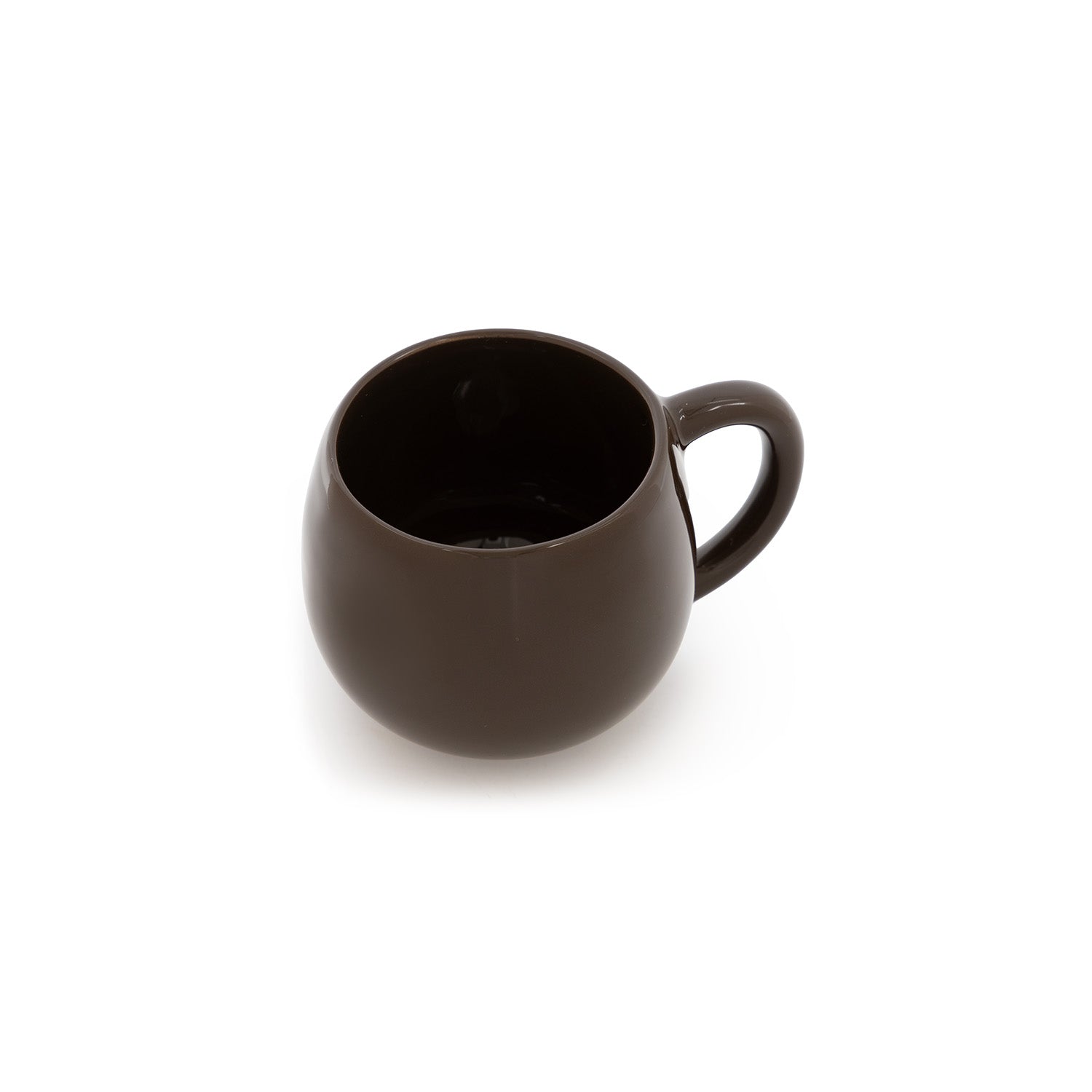 A high-gloss ceramic espresso cup in shades of brown, with a handle on the side.