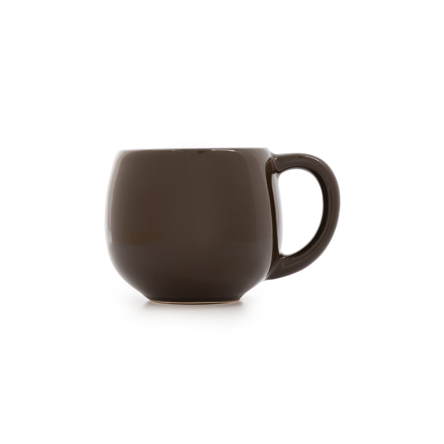 A high-gloss ceramic espresso cup in shades of purple, brown, and green, with a handle on the side.
