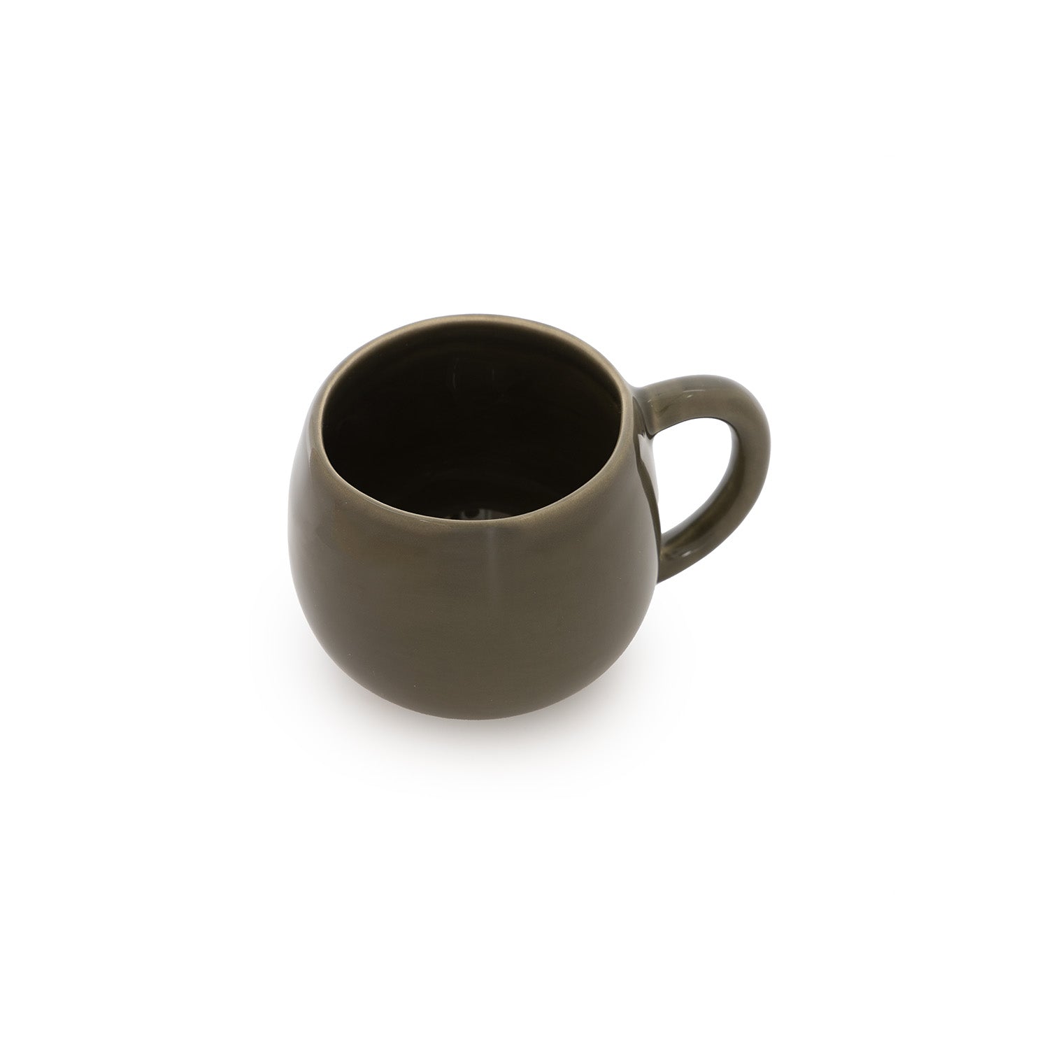 A high-gloss ceramic espresso cup in green color with a handle on the side.