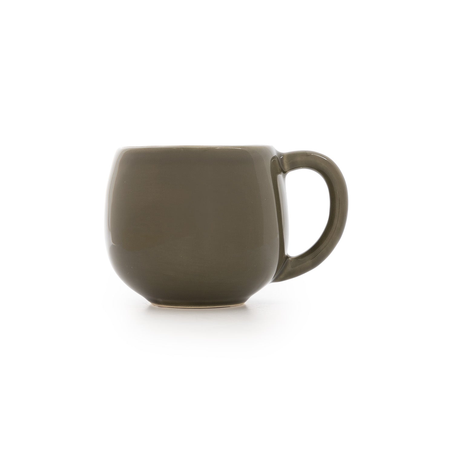 A high-gloss ceramic espresso cup in green color with a handle on the side.