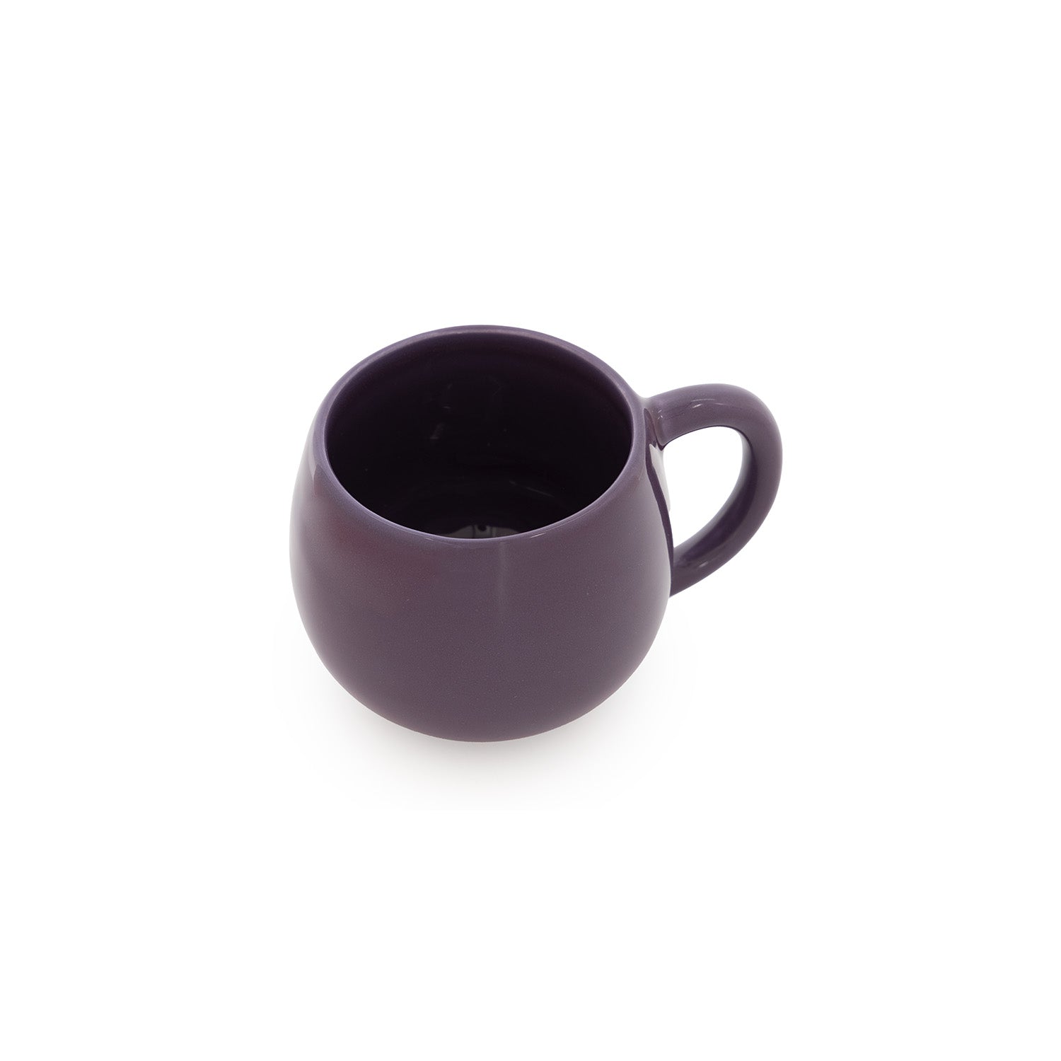 A high-gloss ceramic espresso cup in shades of purple, with a handle on the side.
