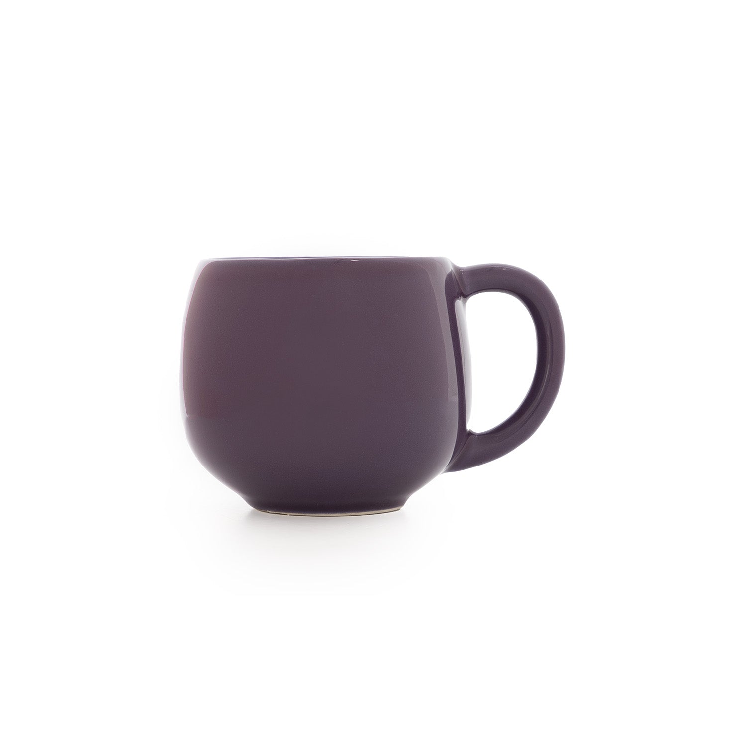 A high-gloss ceramic espresso cup in shades of purple, with a handle on the side.