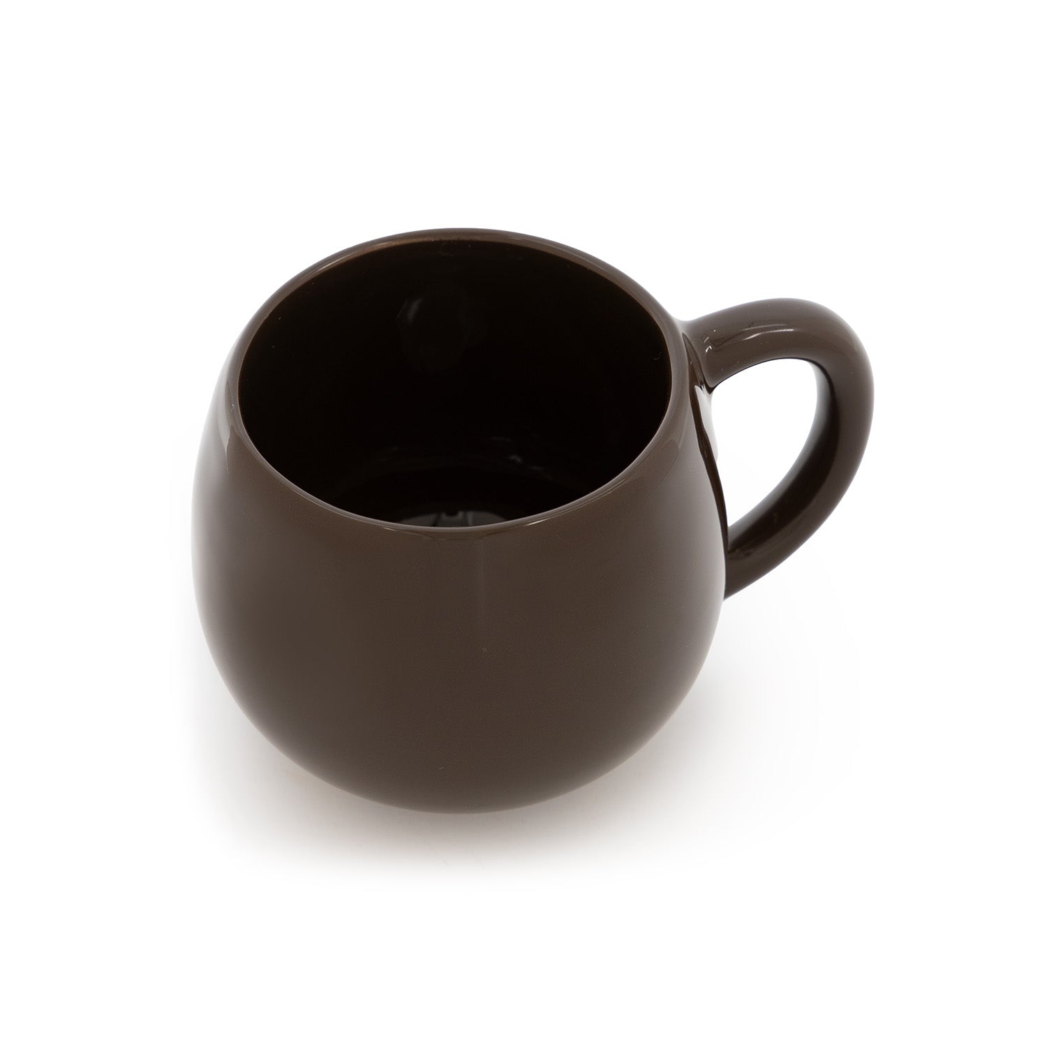 A brown ceramic mug with a high-gloss finish, displayed against a white background.