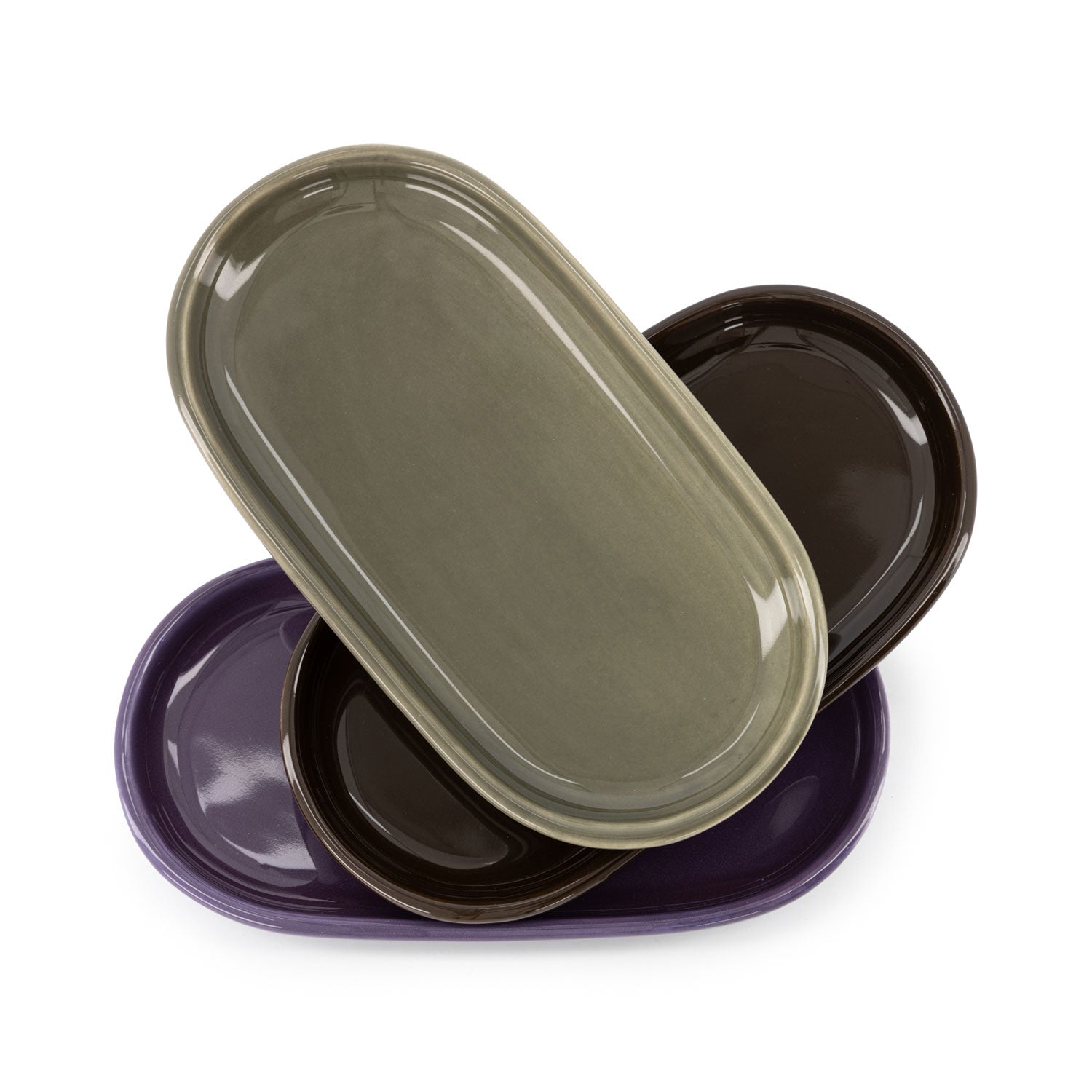 Three ceramic trays, each in a different colour: brown, purple and green, with a high-gloss finish