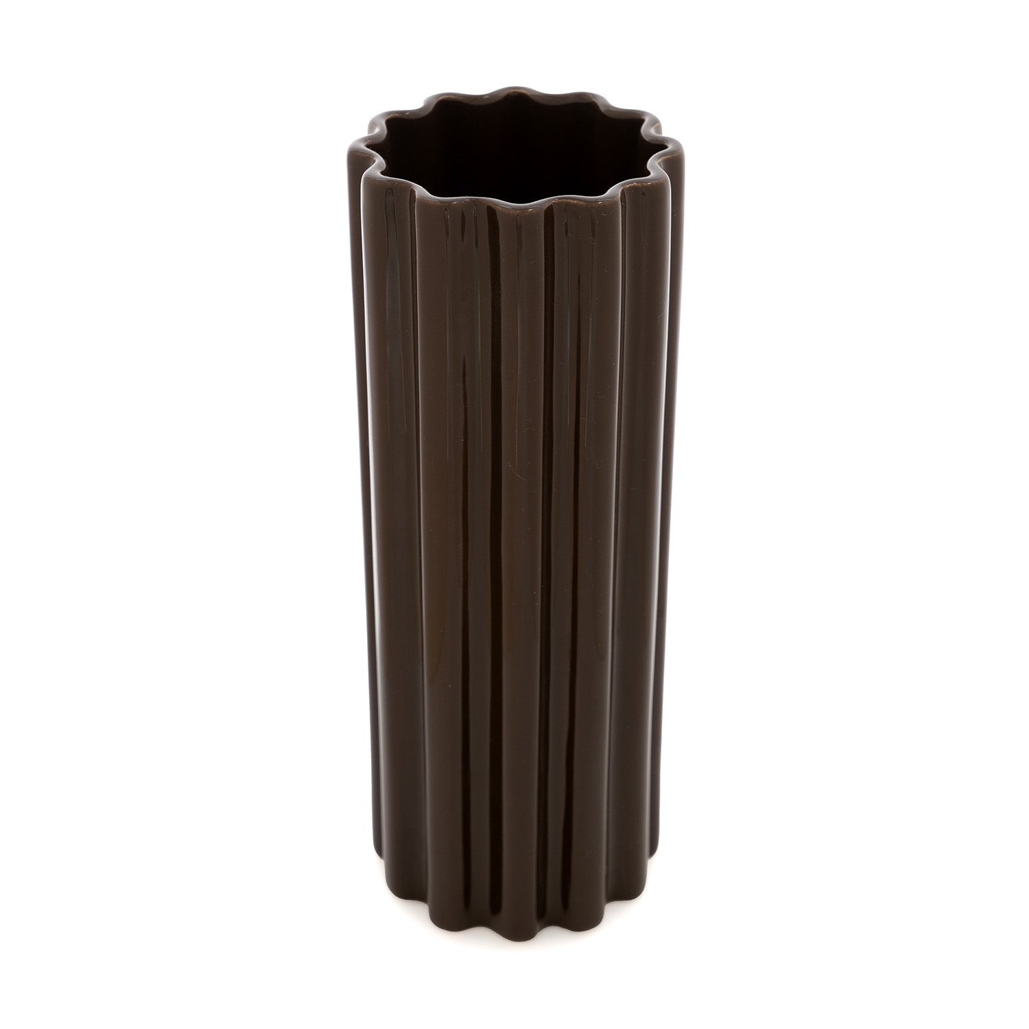 A brown, high-gloss ceramic vase with a ribbed design, standing upright against a white background.