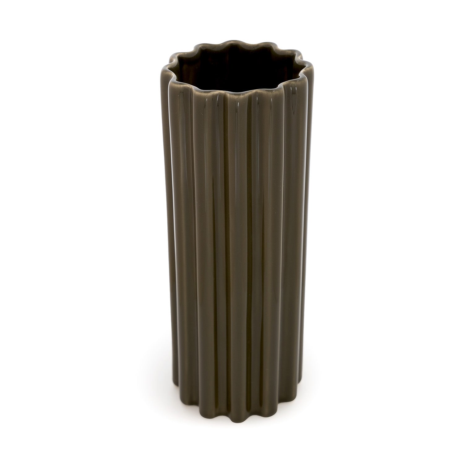 A green, high-gloss ceramic vase with a ribbed design, standing against a white background.