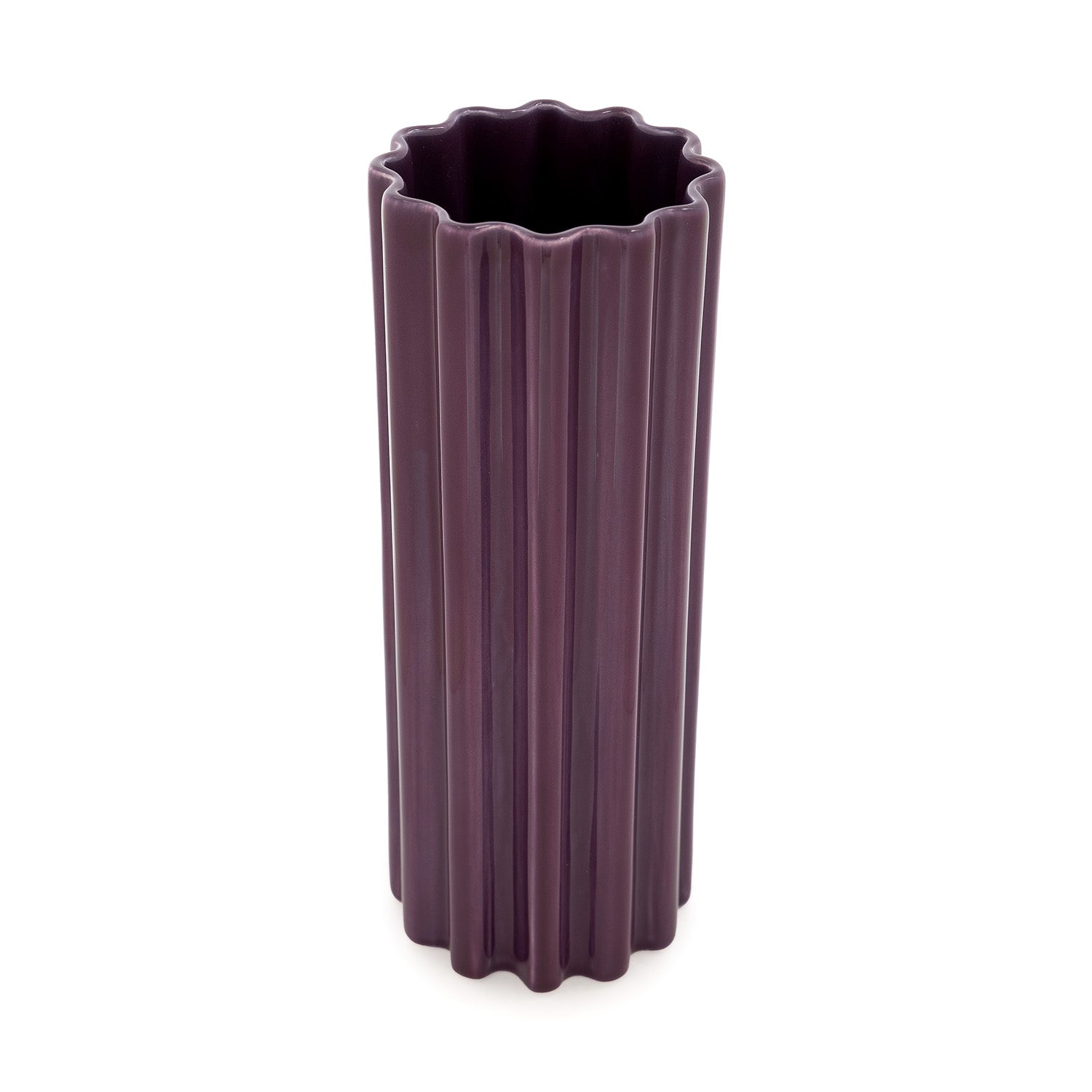 A purple, high-gloss ceramic vase with a ribbed design, standing against a white background.