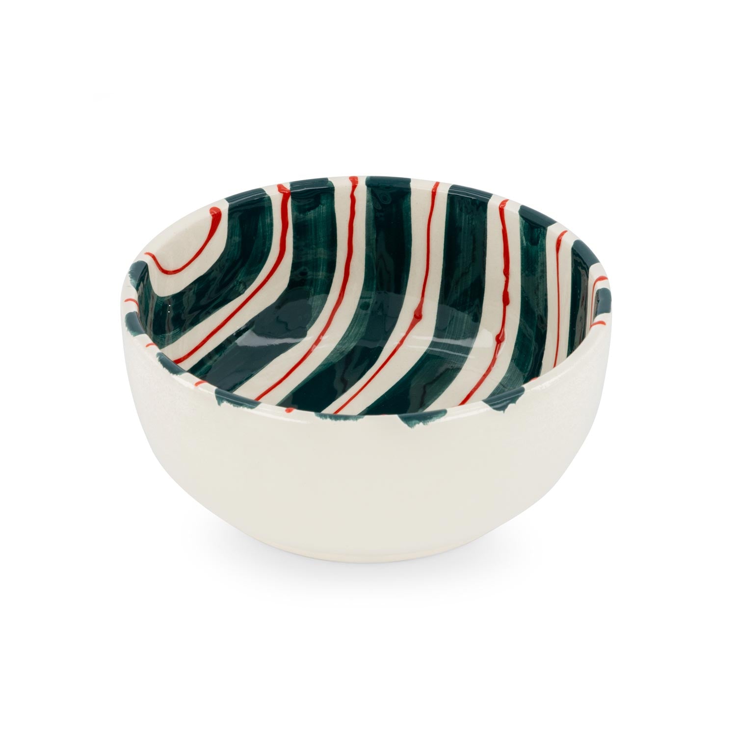 A round ceramic bowl with vibrant green and red stripes on a white background, with a visible rim and slight imperfection that adds to its handcrafted appearance.
