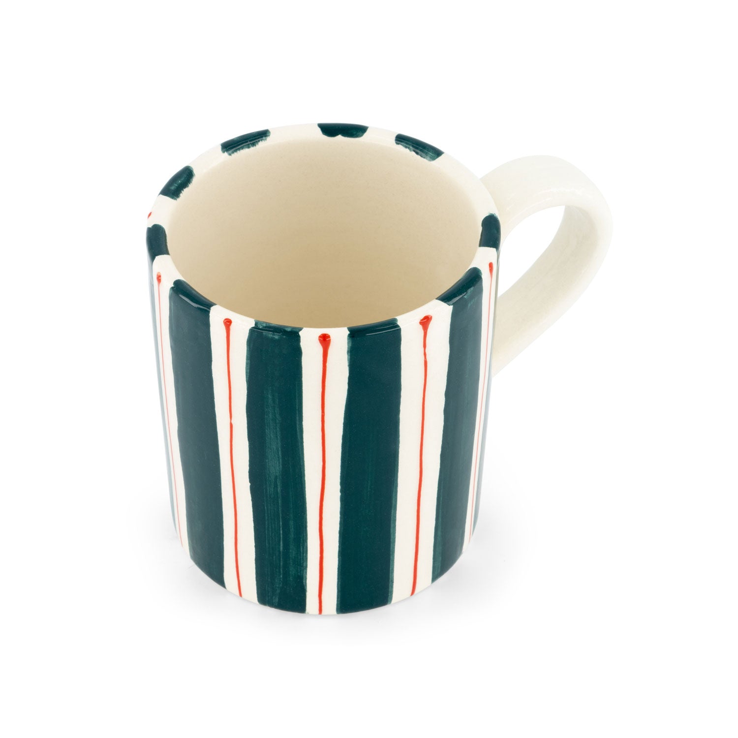 A ceramic mug with vibrant green and red stripes on a white background.