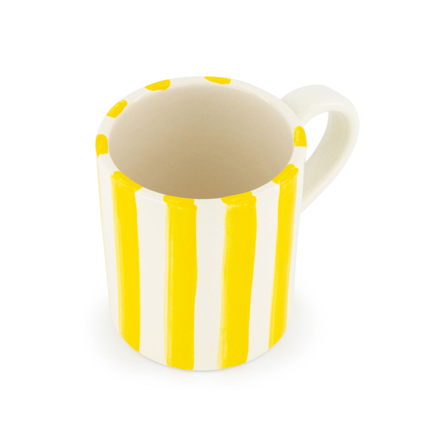 A ceramic mug with vibrant yellow and white stripes on a white ceramic base.