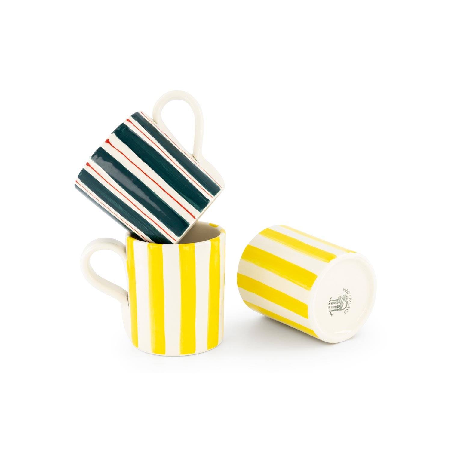 A set of mugs with yellow stripes and others with green and red stripes.