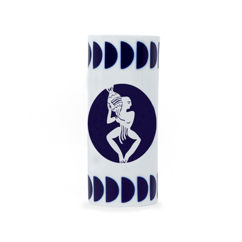 A white porcelain pencil holder with a navy blue zodiac aquarius sign design, crafted in Spain.