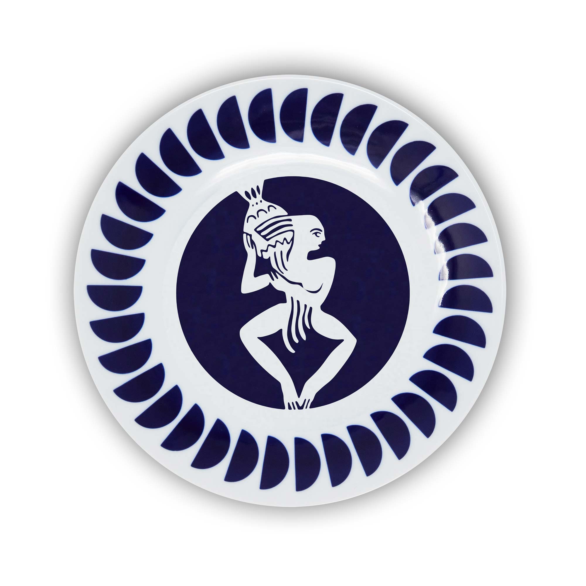A round porcelain plate with a navy and white design featuring an illustration of the Aquarius sign of the zodiac.