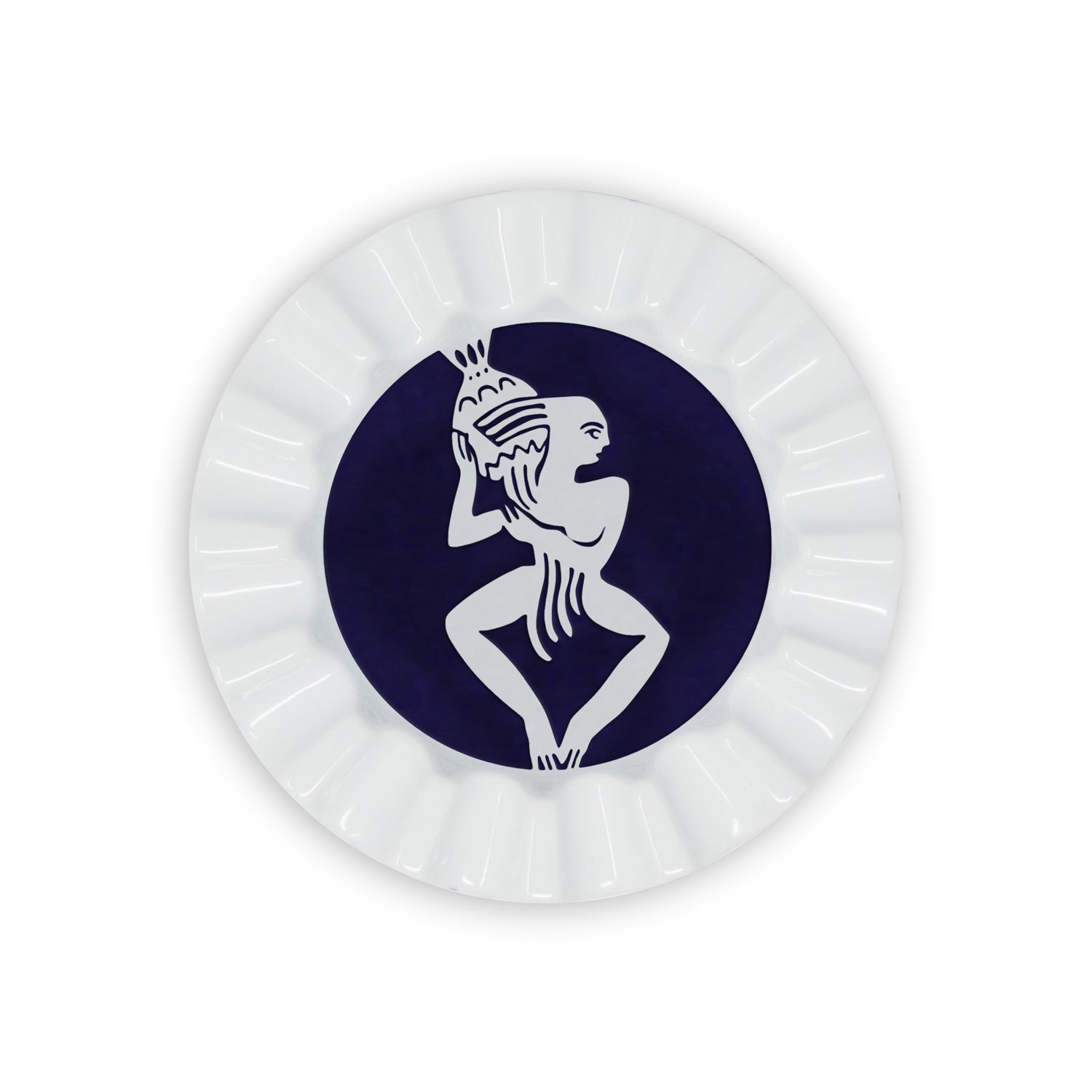 A white porcelain valet trays painted in navy blue a aquarius sign of the zodiac.