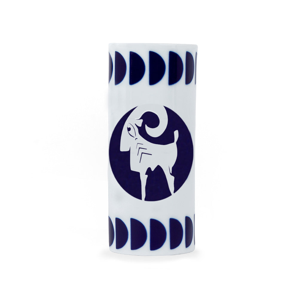 A white porcelain pencil holder with a navy blue zodiac aries sign design, crafted in Spain.