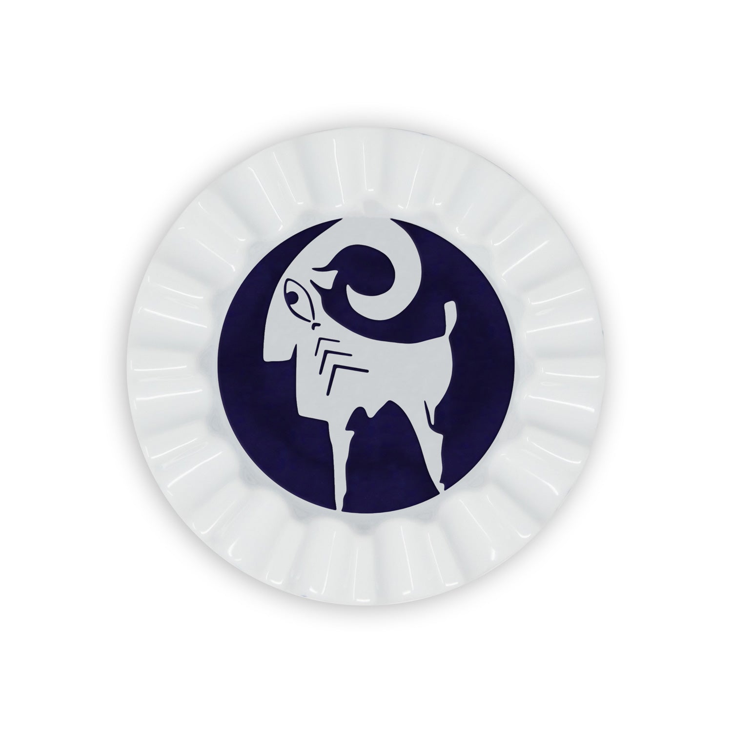 A white porcelain valet trays painted in navy blue a aries sign of the zodiac.