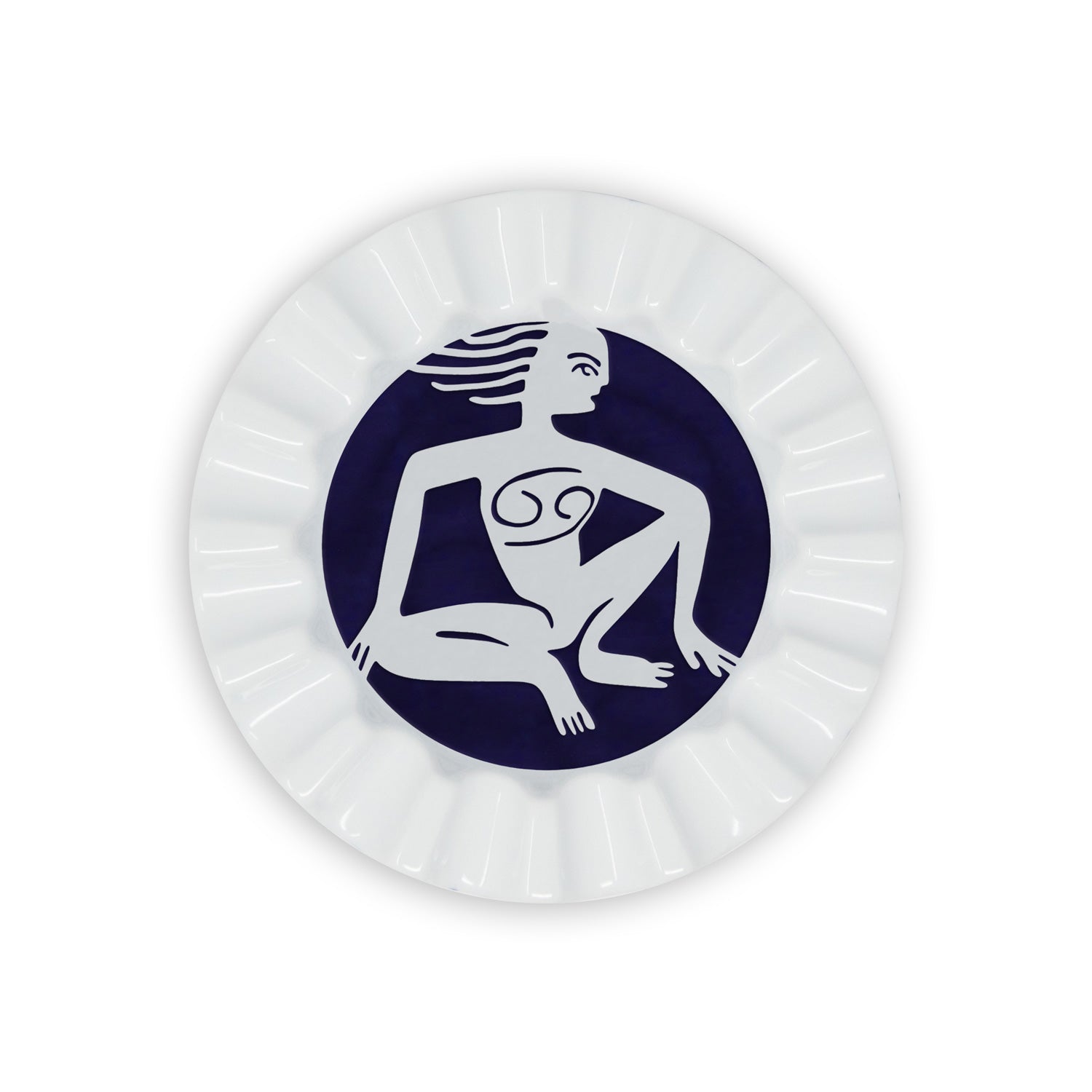 A white porcelain valet trays painted in navy blue a cancer sign of the zodiac.