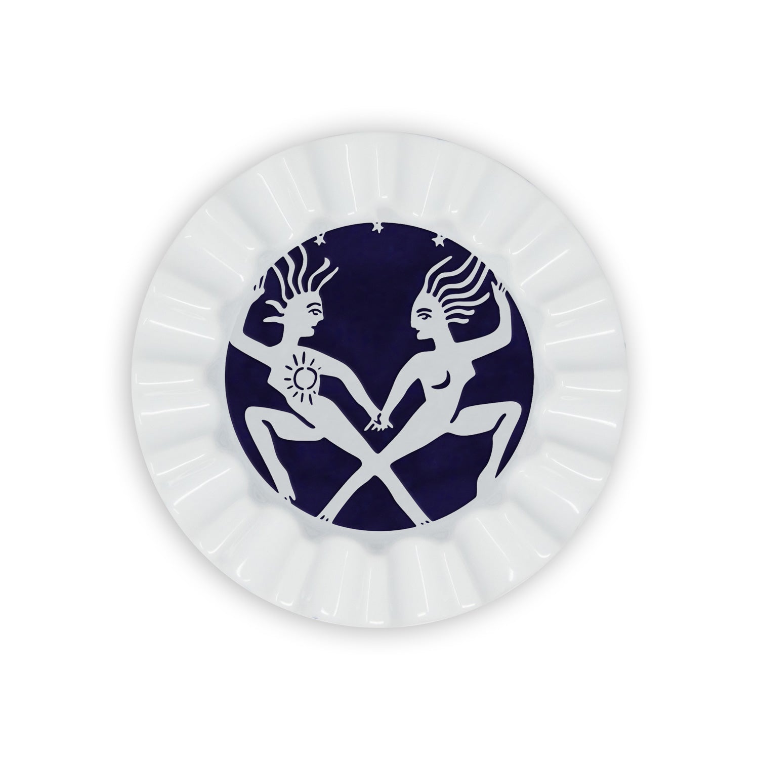 A white porcelain valet trays painted in navy blue a gemini sign of the zodiac.