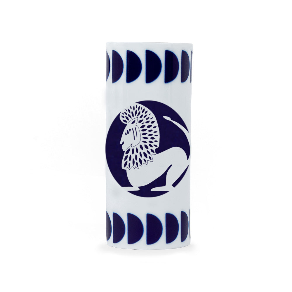 A white porcelain pencil holder with a navy blue zodiac leo sign design, crafted in Spain.