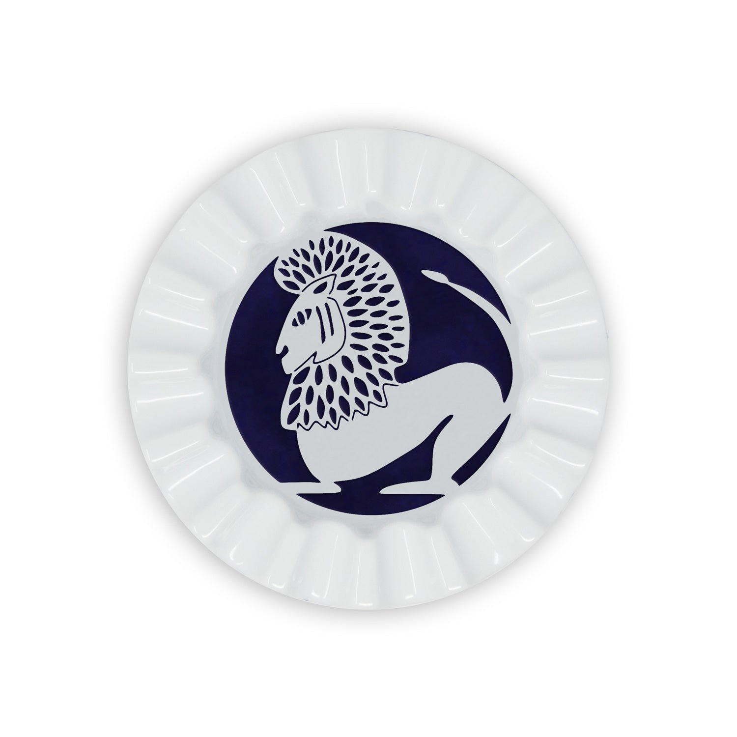 A white porcelain valet trays painted in navy blue a leo sign of the zodiac.