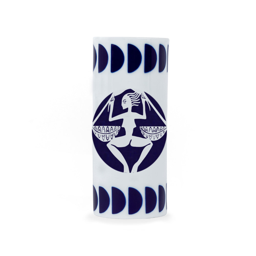 A white porcelain pencil holder with a navy blue zodiac libra sign design, crafted in Spain.