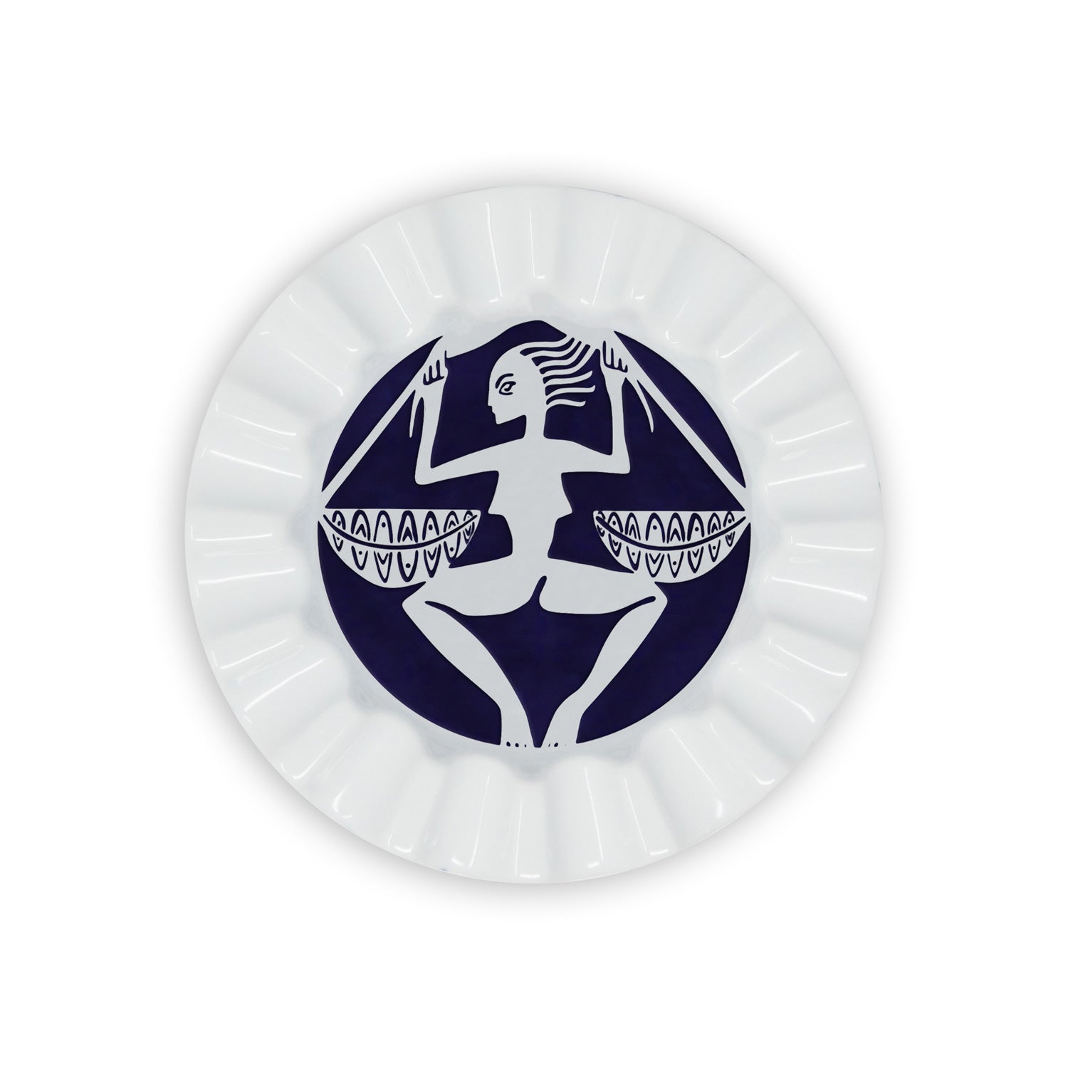 A white porcelain valet trays painted in navy blue a libra sign of the zodiac.