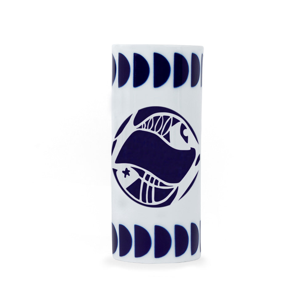 A white porcelain pencil holder with a navy blue zodiac pisces sign design, crafted in Spain.