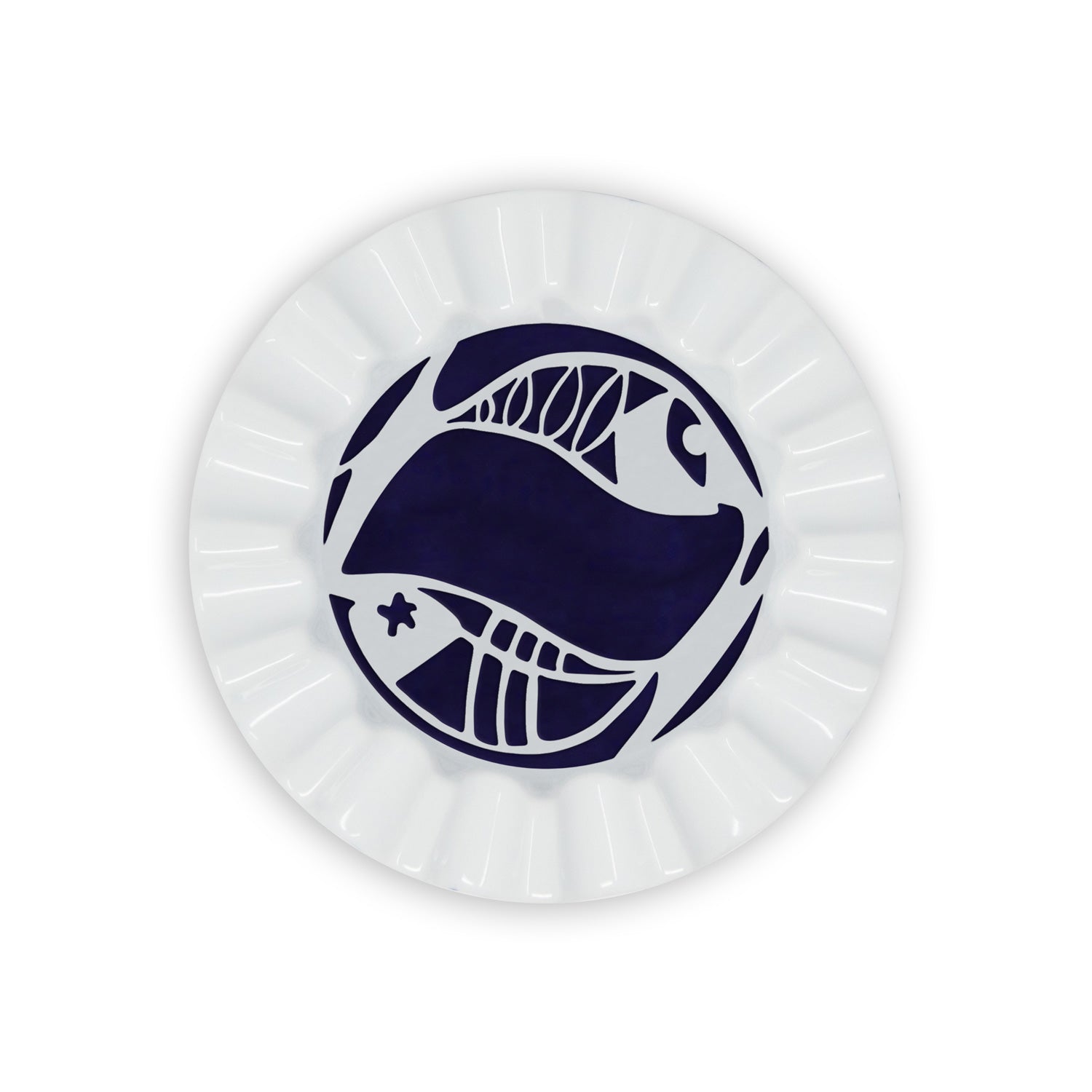 A white porcelain valet trays painted in navy blue a pisces sign of the zodiac.