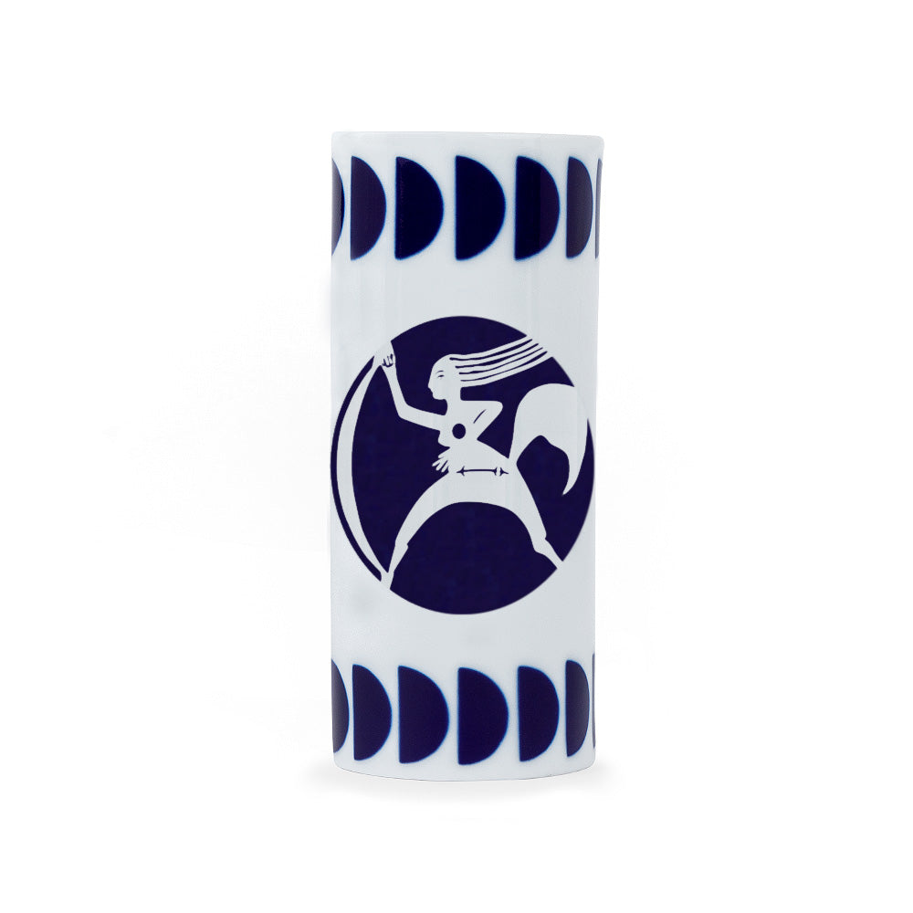 A white porcelain pencil holder with a navy blue zodiac sagittarius sign design, crafted in Spain.