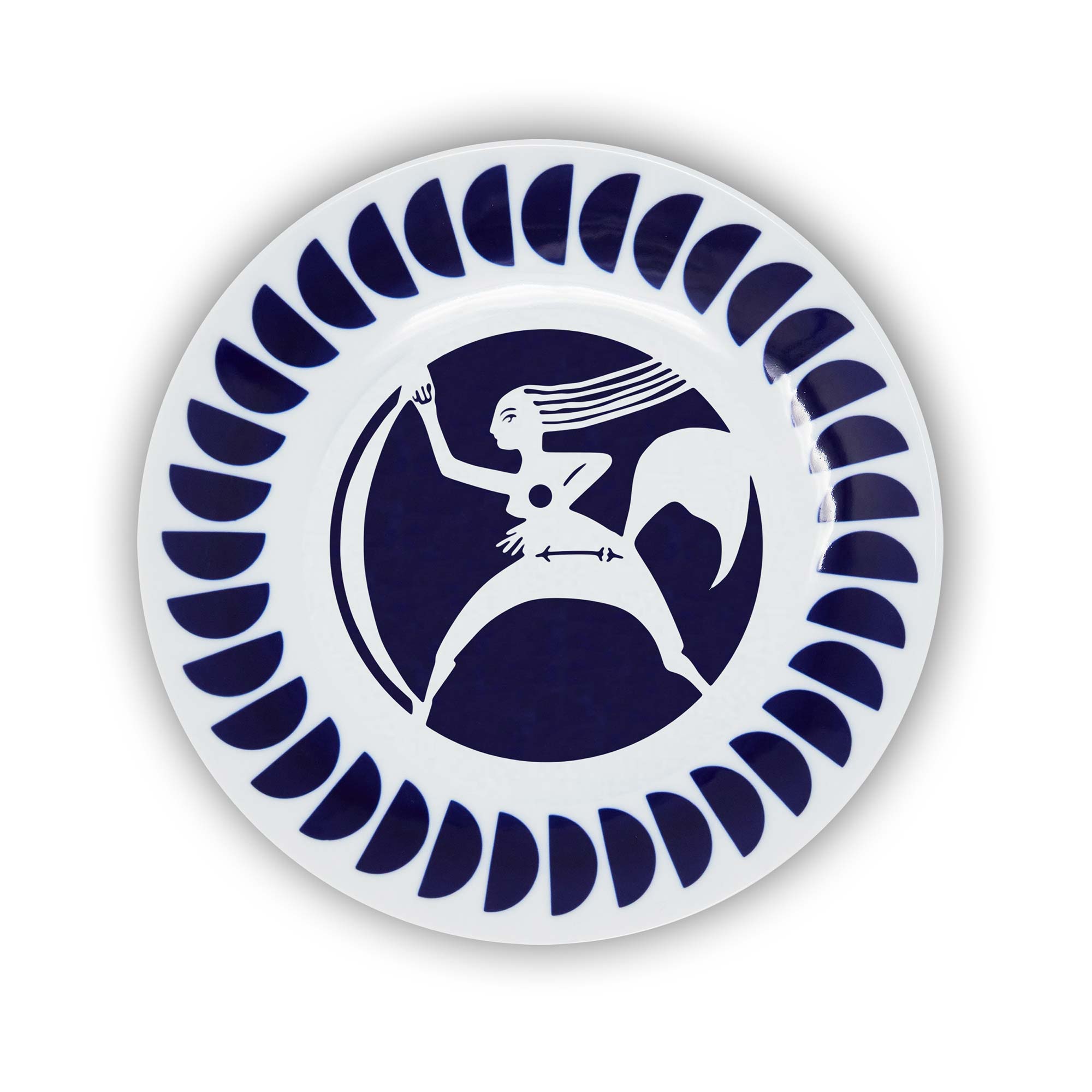 A round porcelain plate with a navy and white design featuring an illustration of the Sagittarius sign of the zodiac.